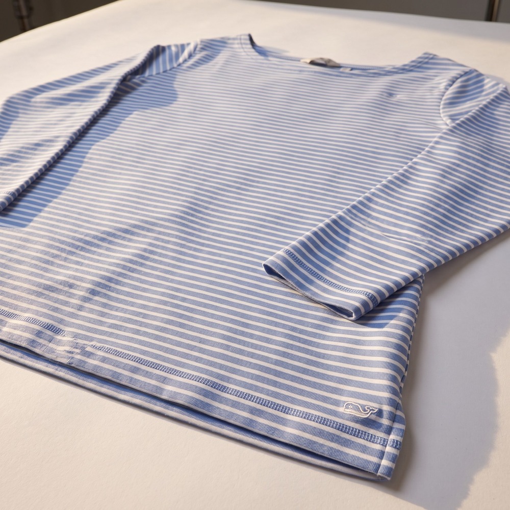 Vineyard Vines Womens 2X Blue White Striped Boatneck 3/4 Sleeve Tee Preppy